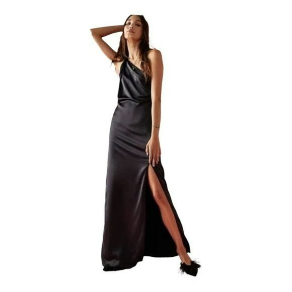 Free People Dresses & Skirts - Free People Victoria One Shoulder Black Maxi Satin Dress NWOT Size 4